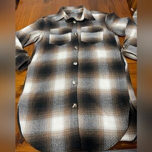 Sweet Lovely By Jen Womens Black Brown Cream Plaid Thick Long Tunic Pocket Shirt